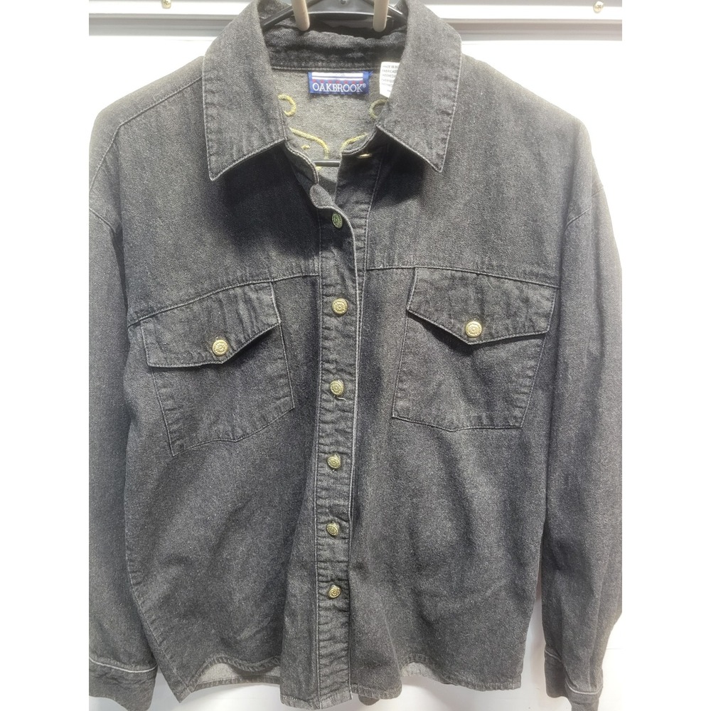 Oakbrook Mens Black Denim Western Shirt Studded Embroidered Back Small S